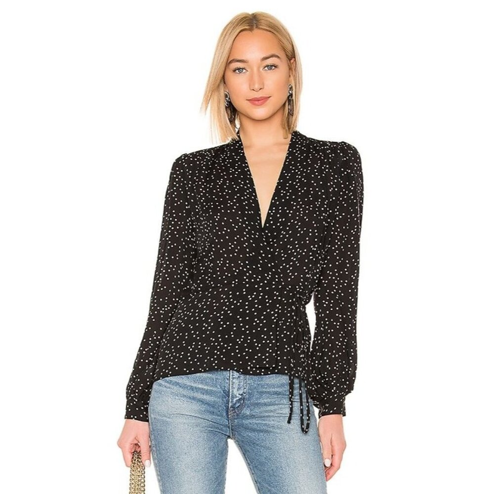 L'Agence Cara Wrap Blouse Silk Size Small Black & Ivory Polka Dot Quiet Luxury
